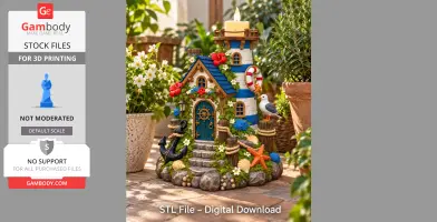 A decorative lighthouse model featuring colorful nautical elements, flowers, and a seagull, designed to hold an LED light.