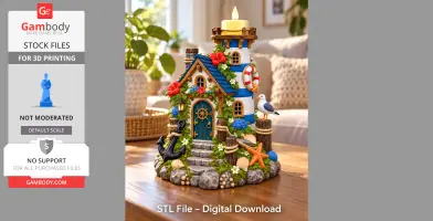 Decorative coastal lighthouse model with LED holder, featuring nautical elements and vibrant colors.