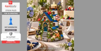 Coastal lighthouse model with stairs, nautical decor, shells, and a seagull. Ideal for LED light display.