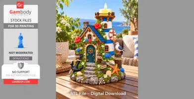 A colorful 3D print model of a coastal lighthouse LED holder with nautical decor, flowers, and a seagull.