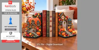Whimsical pumpkin house bookends with autumn leaves and steps, designed for 3D printing.