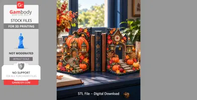 Autumn-themed pumpkin house bookends with colorful leaves and stairs, designed for 3D printing.