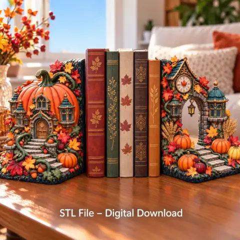 Whimsical pumpkin house bookends with autumn leaves and lanterns, ideal for 3D printing.