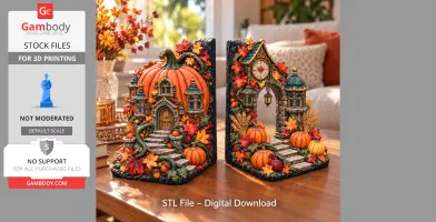 Pumpkin-themed bookends with autumn leaves, houses, and paths, designed for 3D printing.
