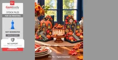 Autumn-themed bookends with pumpkin houses, colorful leaves, and a festive cake in the center.