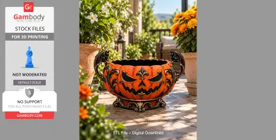 A decorative Halloween-themed pumpkin bowl with gargoyle handles, surrounded by autumn flowers.