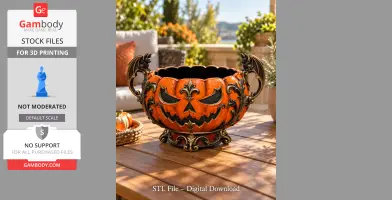 Ornate pumpkin-shaped bowl with bat handles, featuring a spooky carved face for Halloween décor.