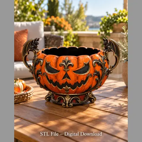 Ornate pumpkin-shaped organizer with gargoyle handles, designed for Halloween candy and trinkets.