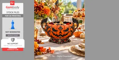 Halloween-themed pumpkin bowl with ornate designs, holding candies, surrounded by autumn decor.
