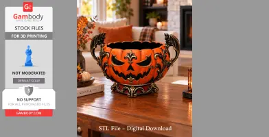 A pumpkin-shaped organizer with a jack-o'-lantern face and ornate gargoyle handles, for Halloween décor.