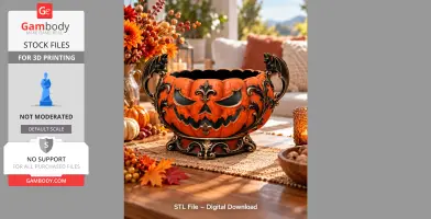 Pumpkin-shaped organizer with ornate details and bat handles for candy or trinkets, perfect for Halloween.