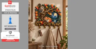 Decorative autumn-themed key holder with owl, fox, tree design, and colorful leaves. Includes multiple hooks.