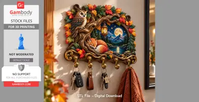 Autumn-themed key holder with an owl, fox, and forest scene, adorned with colorful leaves.