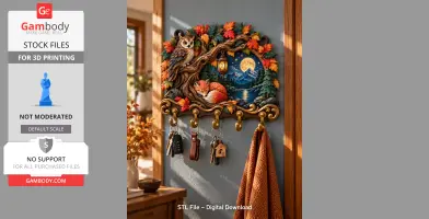 Decorative key holder with owl and fox in autumn scene, featuring hooks for hanging keys or items.