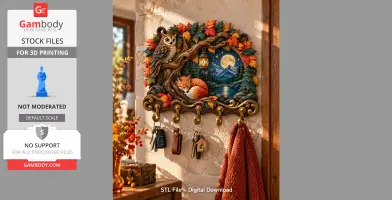 Decorative key holder with owl, fox, and autumn leaves under a moonlit scene.