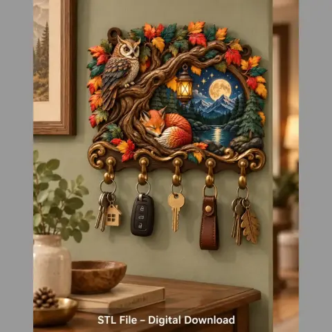 An ornate autumn-themed key holder featuring an owl, a fox, and a scenic landscape with a moonlit backdrop.
