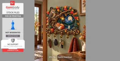 Autumn-themed key holder with owl and fox, adorned with colorful leaves and scenic night landscape.