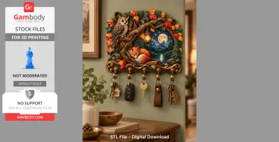 A decorative key holder with owl and fox design, featuring autumn leaves and a night scene.