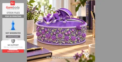 Purple dragon figure atop a decorative bowl adorned with intricate purple roses and green leaves.