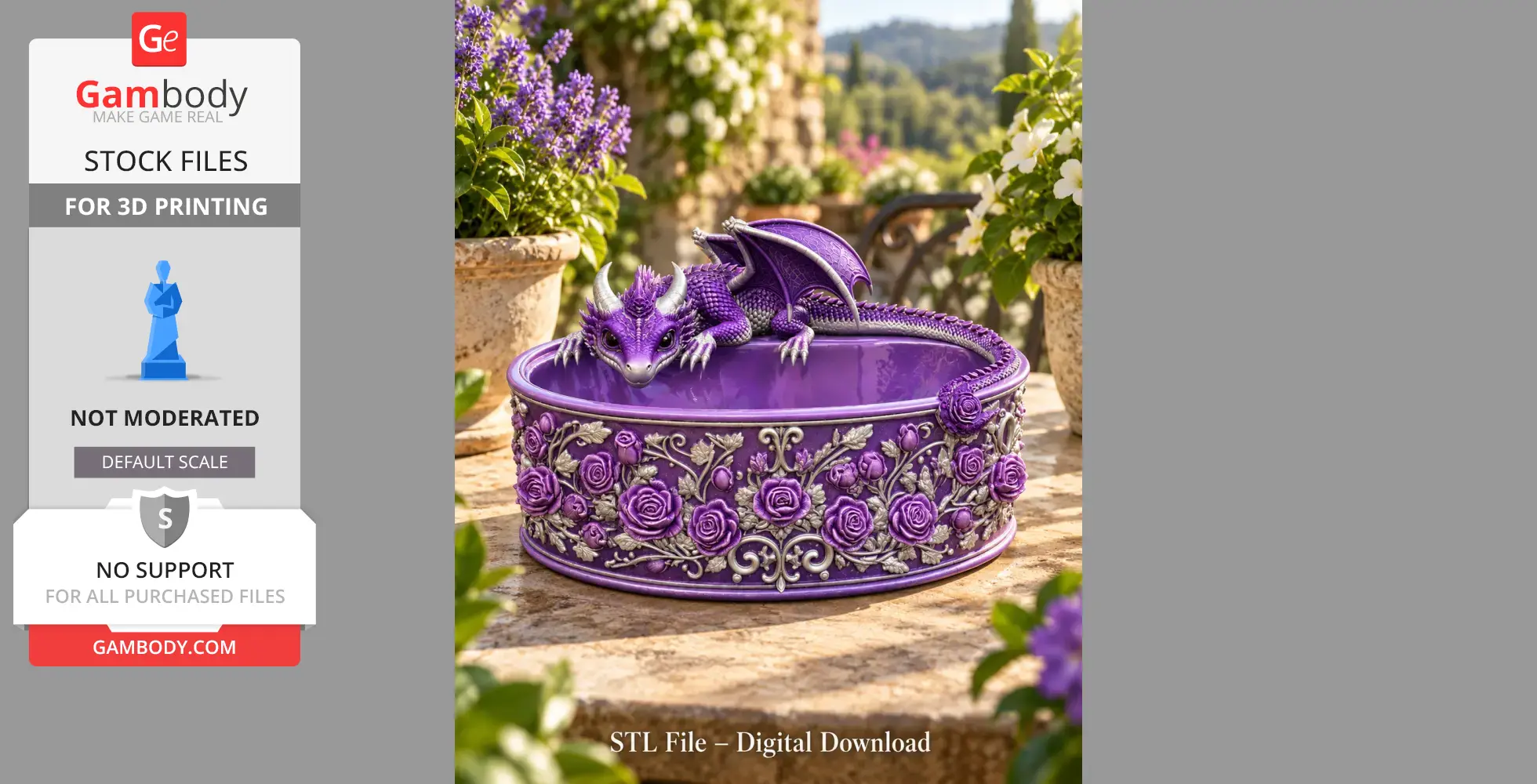 A purple dragon rests on an ornate bowl adorned with roses, designed for 3D printing.