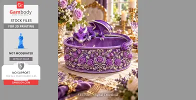 Purple bowl with rose accents and a detailed dragon perched on top.