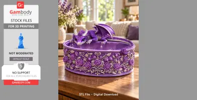 Purple dragon lounging on a decorative bowl with intricate rose patterns.