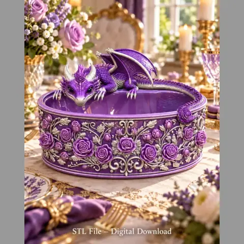 A decorative purple dragon rests on a floral-patterned bowl in an ornate dining setting.