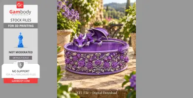 A purple dragon rests on an ornate bowl adorned with roses, designed for 3D printing.