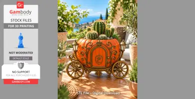 Whimsical pumpkin carriage planter with ornate wheels and cacti, set in a sunny garden scene.