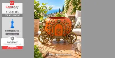 Ornate pumpkin-shaped carriage organizer with gold accents, set on a wooden table.