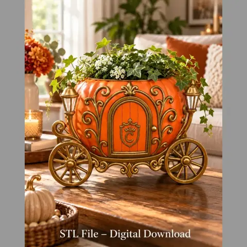 Ornate pumpkin carriage organizer with plants, gold accents, and decorative wheels on a table.