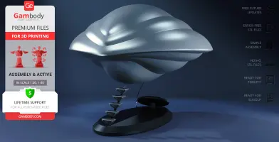 Futuristic silver drone ship model with a sleek, curved design on a display stand.