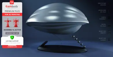 A sleek, shiny, metallic UFO-like ship model on a stand, ready for 3D printing.