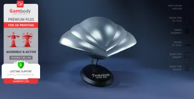 Futuristic silver drone ship model displayed on a black stand, labeled 'Trimaxion Drone Ship' for 3D printing.