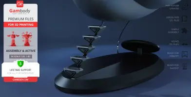 Futuristic drone ship model with geometric, layered design on a display base, suitable for 3D printing.