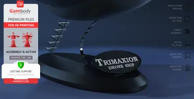 A sci-fi Trimaxion drone ship model on a display stand, ready for 3D printing, with assembly instructions.