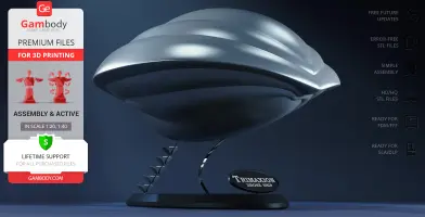 Futuristic silver drone ship model with sleek curves on a display stand labeled 'Trimaxion Drone Ship.'
