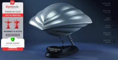 Futuristic, sleek silver drone ship model with a stand, designed for 3D printing.