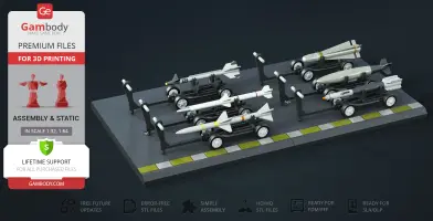 3D model set of F-18 Super Hornet missiles, displayed on stands for 3D printing use.