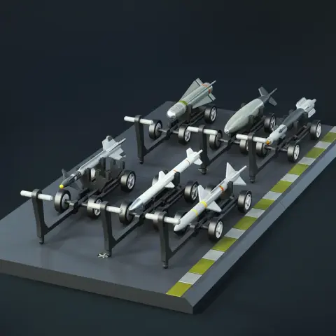 A display of detailed F-18 Super Hornet missile models on stands, arranged in two rows on a base.