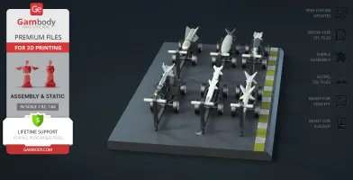Model of F-18 Super Hornet missiles on stands, ready for 3D printing with assembly guidance.