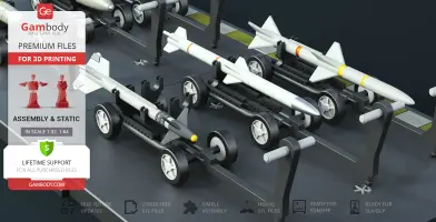 3D model of F-18 Super Hornet missiles on wheeled carriers for 3D printing, shown in assembly layout.