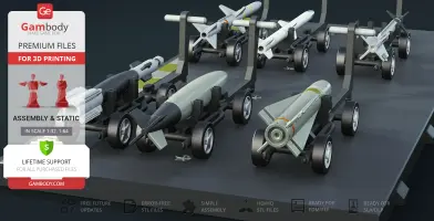 F-18 Super Hornet missiles on wheeled trolleys, designed for 3D printing, shown in a 3D model display.