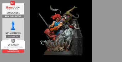 Hero Lion-O battles villain Mumm-Ra on a rocky diorama base, brandishing a sword.