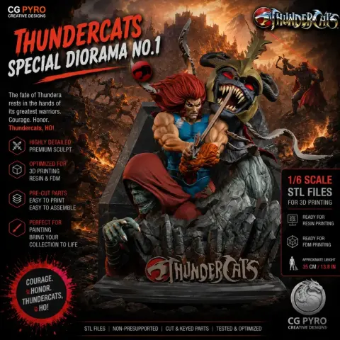 Lion-O and Mumm-Ra in a dynamic battle diorama from Thundercats, ready for 3D printing.