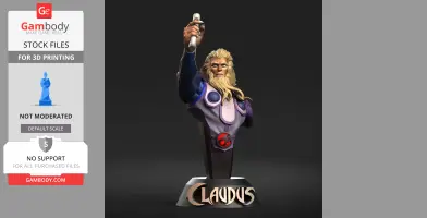 A 3D model of a regal figure with a staff, long hair, and armor, standing on a base labeled 'CLAUDUS'.
