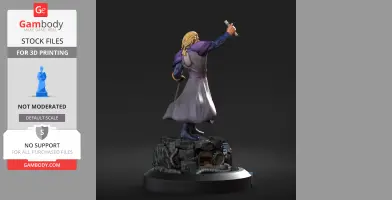 A 3D printed figure of a robed character on a rocky base, holding a scroll and standing confidently.