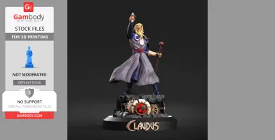 Elderly warrior with staff, long hair, raised arm; stands on detailed base labeled 'Claudus.'