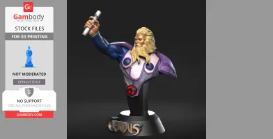 Lion-O’s father bust holding a scroll, dressed in purple and blue armor on a stand labeled 'Claudus.'
