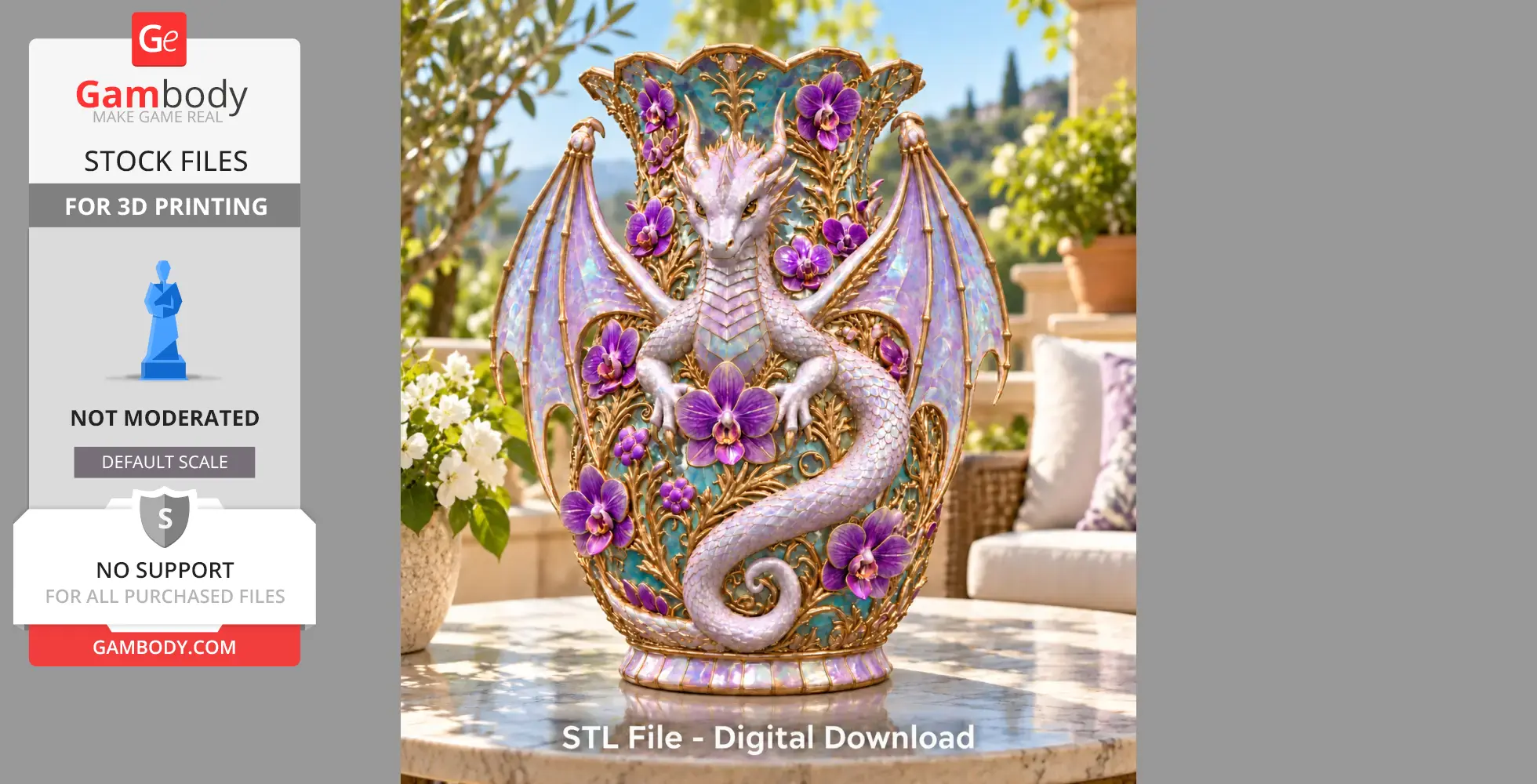 A fantasy vase with a purple dragon and orchid flowers, designed for 3D printing.